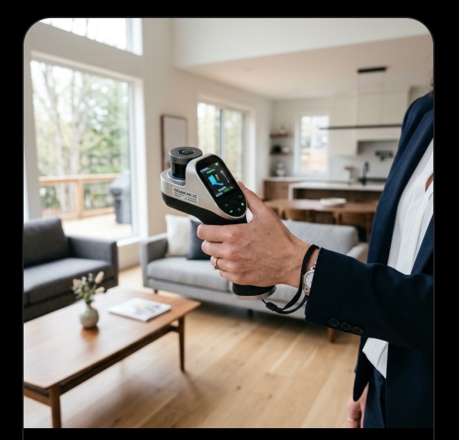 Real estate agent walking through a modern home holding a handheld 3D LiDAR scanner